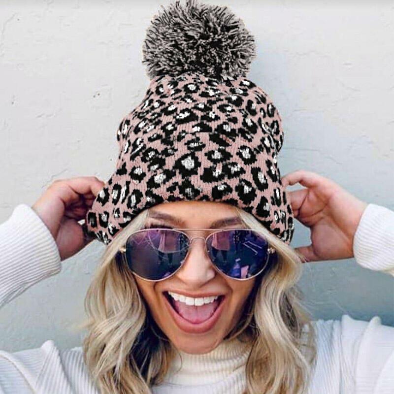 

Leopard Winter Warm Knitted Hairball Hat, Pink;gray, 488429