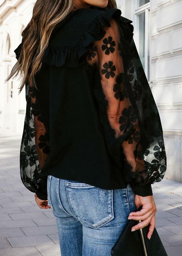 

Blouses Floral Lace Splicing Ruffled Long Sleeve Blouse in Black. Size