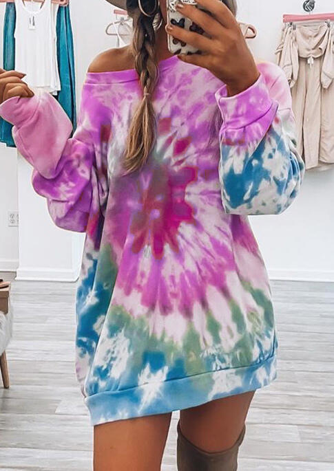 

Mini Dresses Tie Dye O-Neck Sweatshirt Mini Dress in Purple. Size