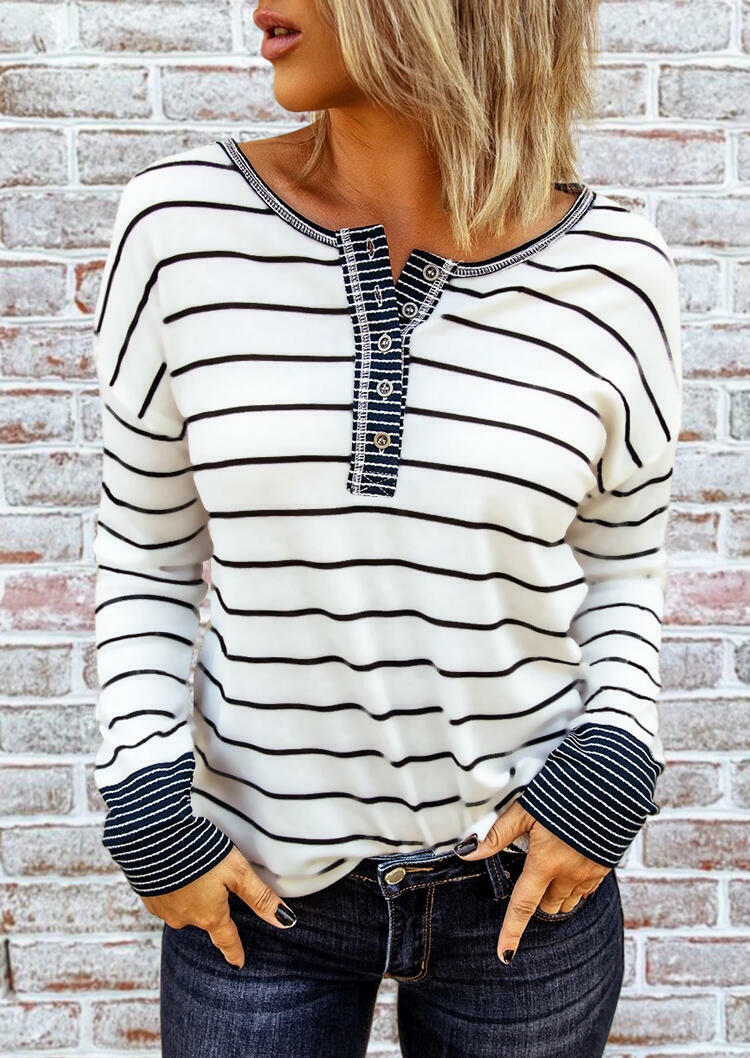 

Blouses Striped Splicing Button Long Sleeve Blouse in Gray. Size