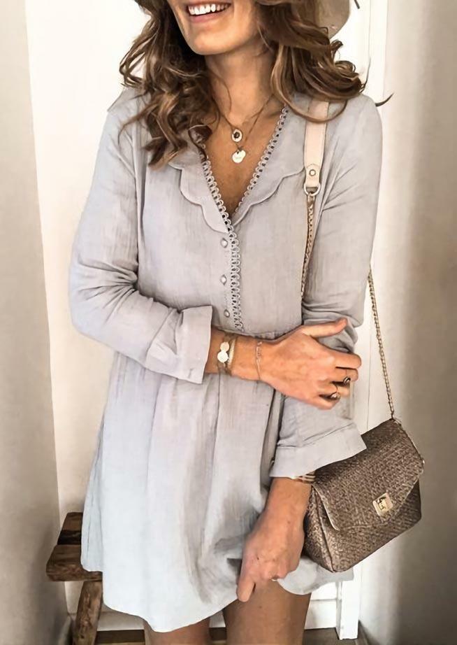Ruffled Button Lace Splicing V-Neck Mini Dress - Gray