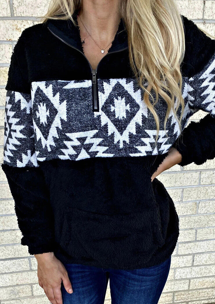 

Sweatshirts Aztec Geometric Zipper Collar Fleece Sweatshirt in Black. Size