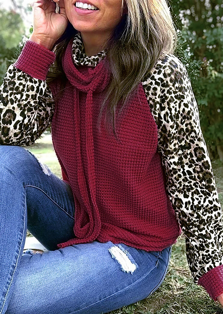 

Leopard Splicing Waffle Drawstring Cowl Neck Sweatshirt - Burgundy, 488546
