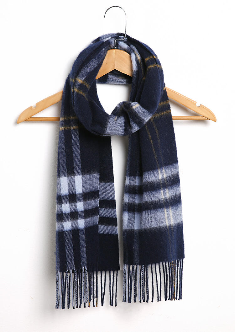 

Feelily Unisex Plaid Tartan Tassel Pashmina Scarf For Christmas Gift, Navy blue, B101057