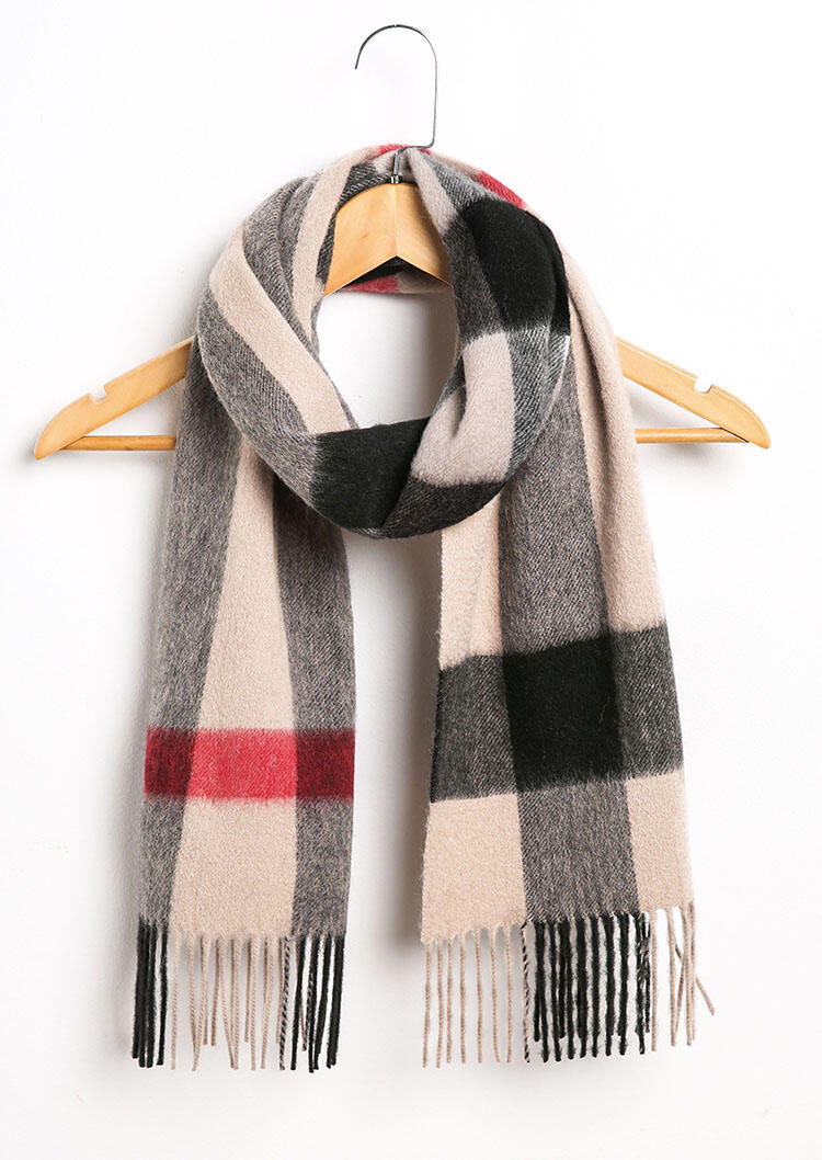 

Feelily Unisex Plaid Tartan Tassel Cashmere Scarf With Gift Bag, Khaki, B102495