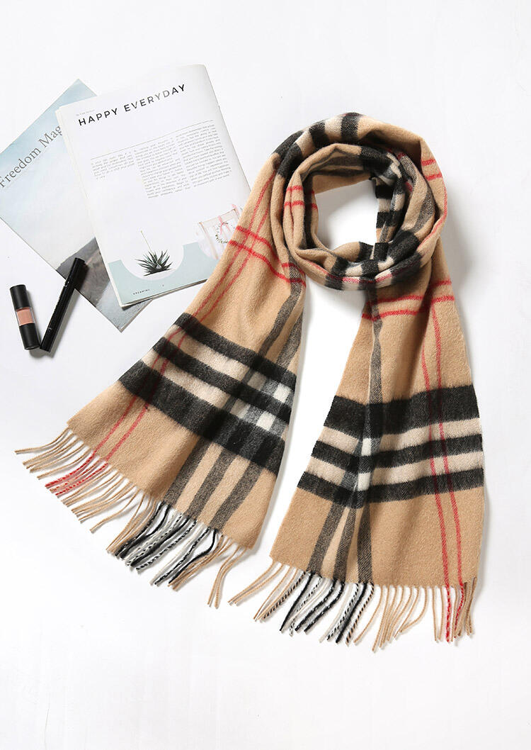 

Feelily Unisex Plaid Tassel Cashmere Scarf For Christmas Gift, Camel, B101132