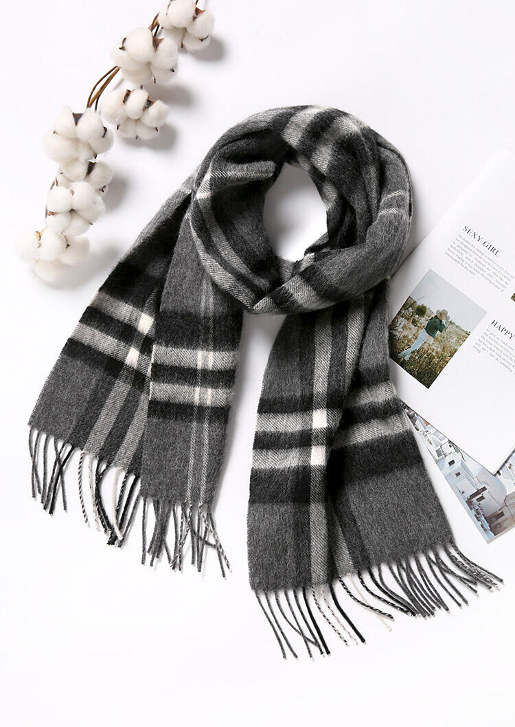 

Feelily Classic Gray Plaid Tartan Tassel Pashmina Scarf With Gift Bag, Dark grey, B101629
