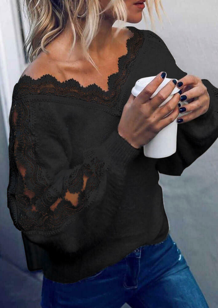 

Blouses Lace Splicing Hollow Out Plush Blouse in Gray. Size