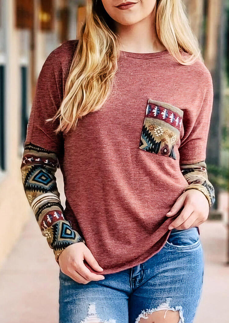 

Blouses Aztec Geometric Splicing Pocket Hollow Out Blouse in Brick Red. Size