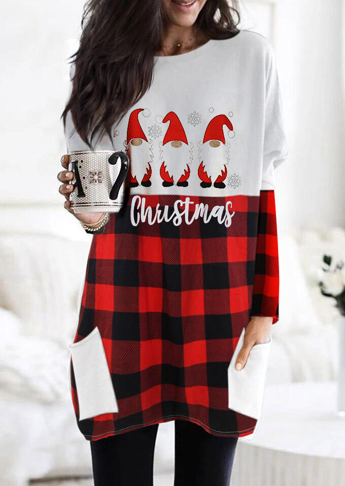 Christmas Santa Gnomies Buffalo Plaid Pocket Blouse