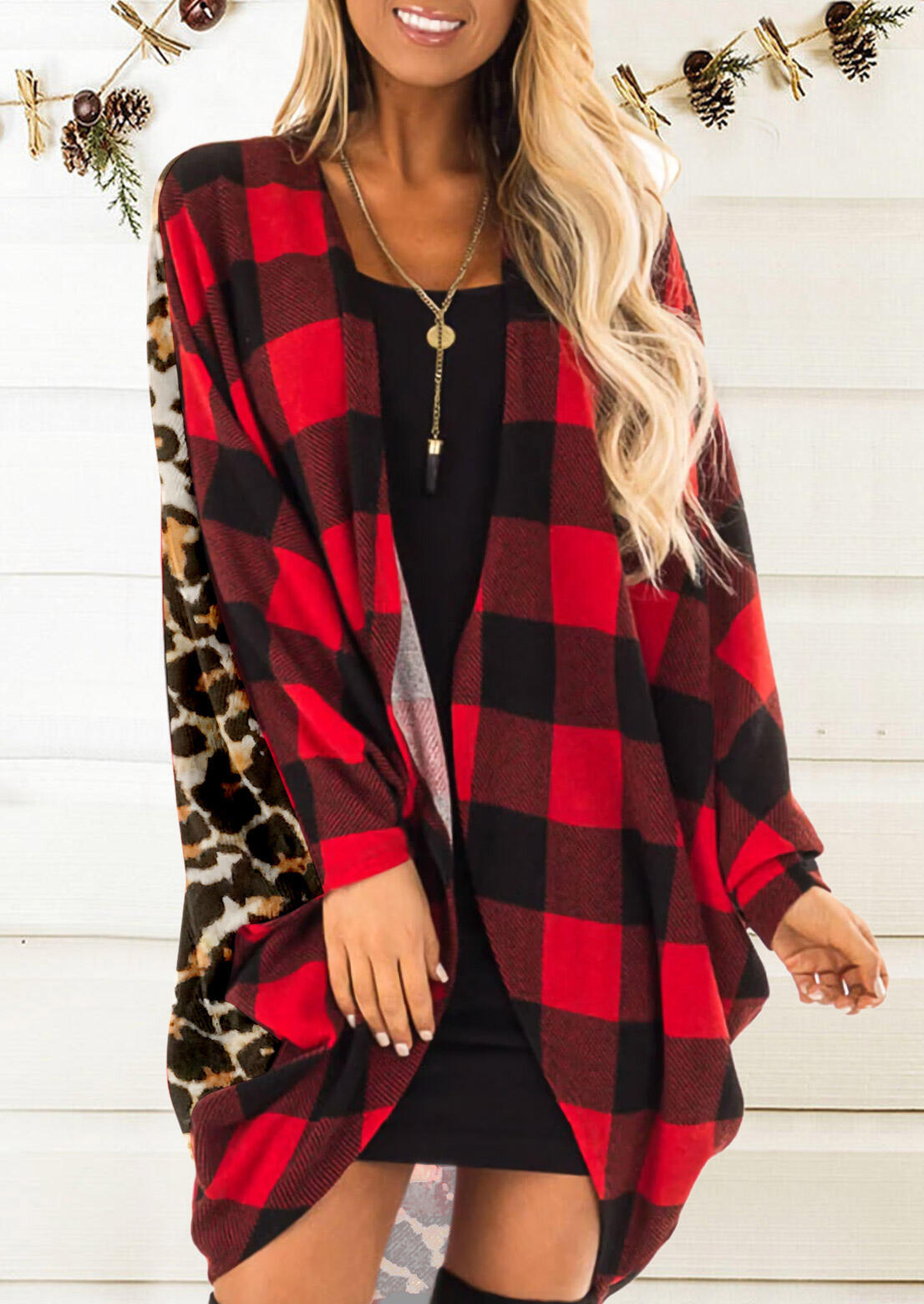 

Cardigans Buffalo Plaid Leopard Splicing Open Front Cardigan in Plaid. Size