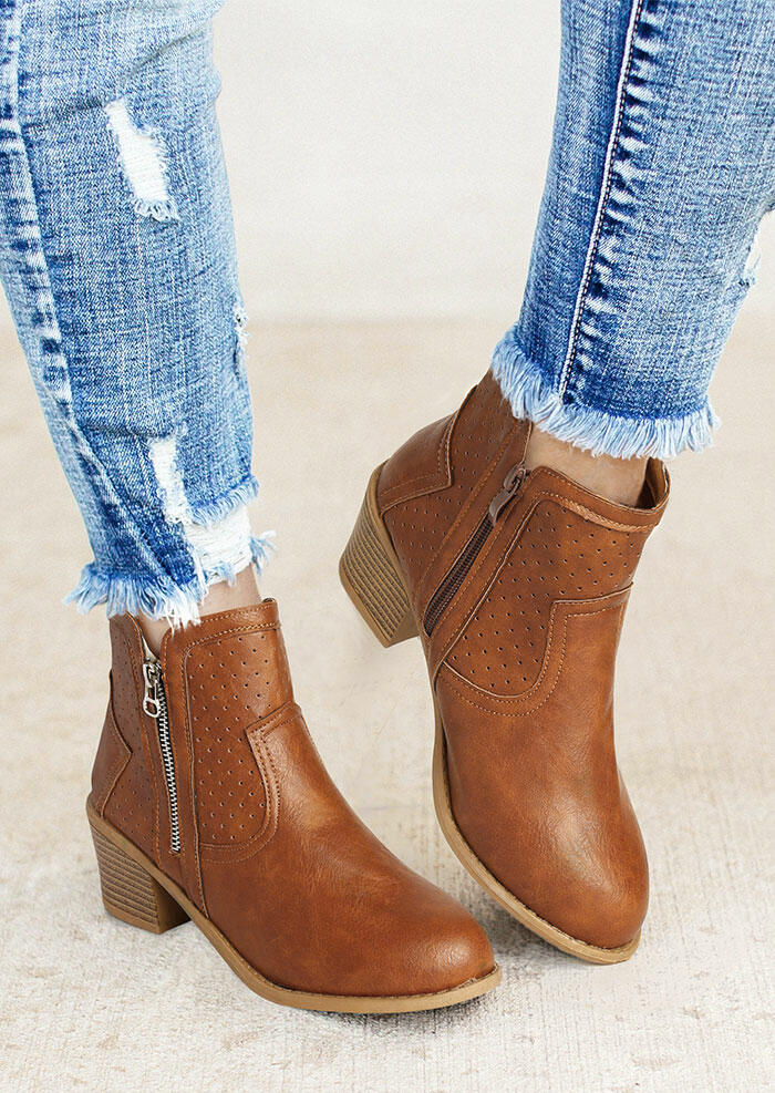 Zipper Chunky Heel Round Toe Ankle Boots - Brown