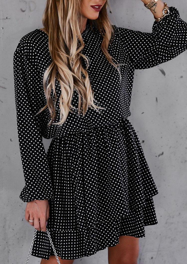 Mini Dresses Polka Dot Ruffled Elastic Cuff Tie Mini Dress in Black. Size: L,M,S,XL