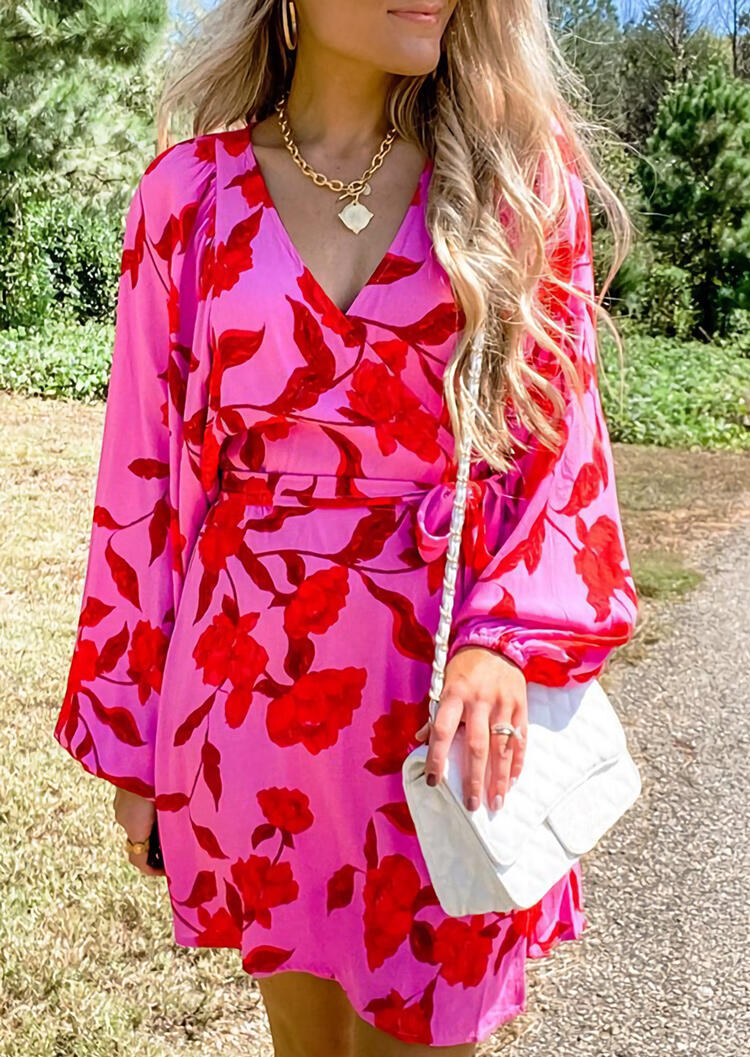 

Floral Wrap Lantern Sleeve V-Neck Mini Dress - Peach Red, 488463