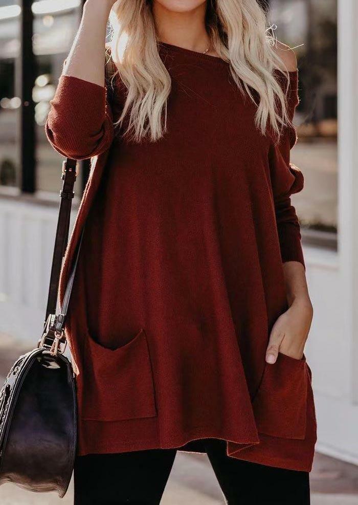 

Pocket Long Sleeve O-Neck Blouse - Burgundy, 488465