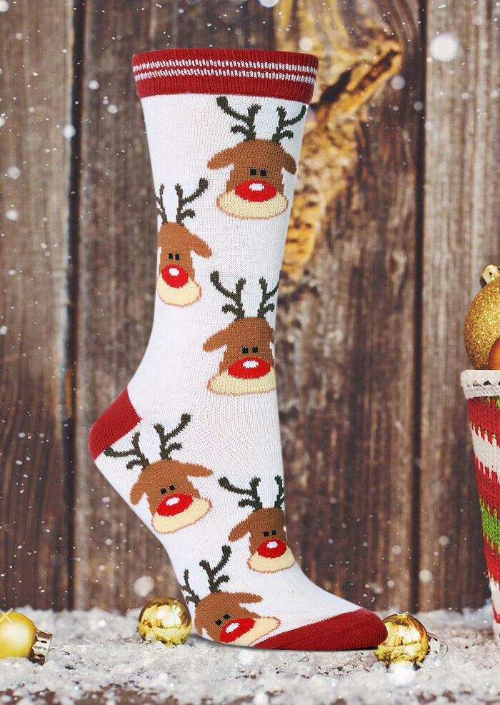 

Crew Socks Christmas Cartoon Reindeer Knitted Casual Socks in White. Size