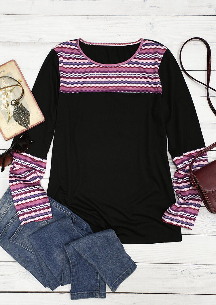 

T-shirts Tees Colorful Striped Splicing O-Neck T-Shirt Tee in Black. Size