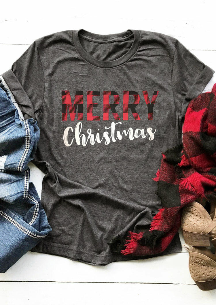 

T-shirts Tees Merry Christmas Buffalo Plaid O-Neck T-Shirt Tee in Dark Grey. Size