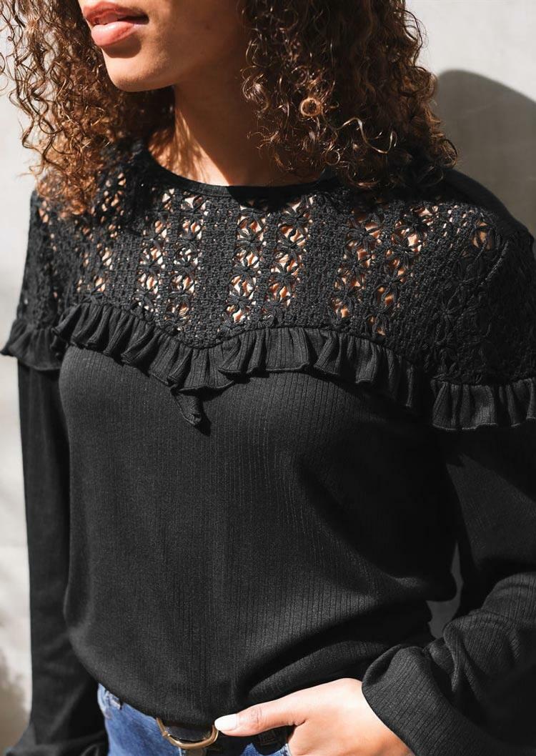 

Blouses Lace Splicing Hollow Out Ruffled Blouse in Black. Size: ,M,L,XL