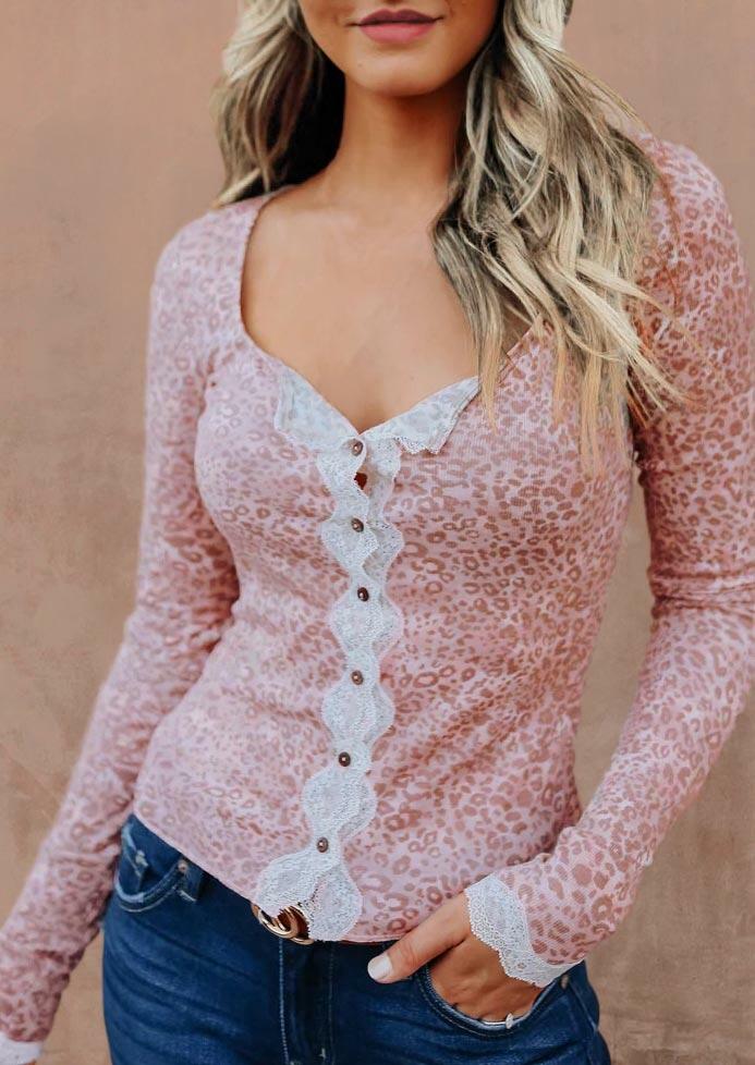 

Leopard Lace Splicing Button Long Sleeve Blouse, 488552