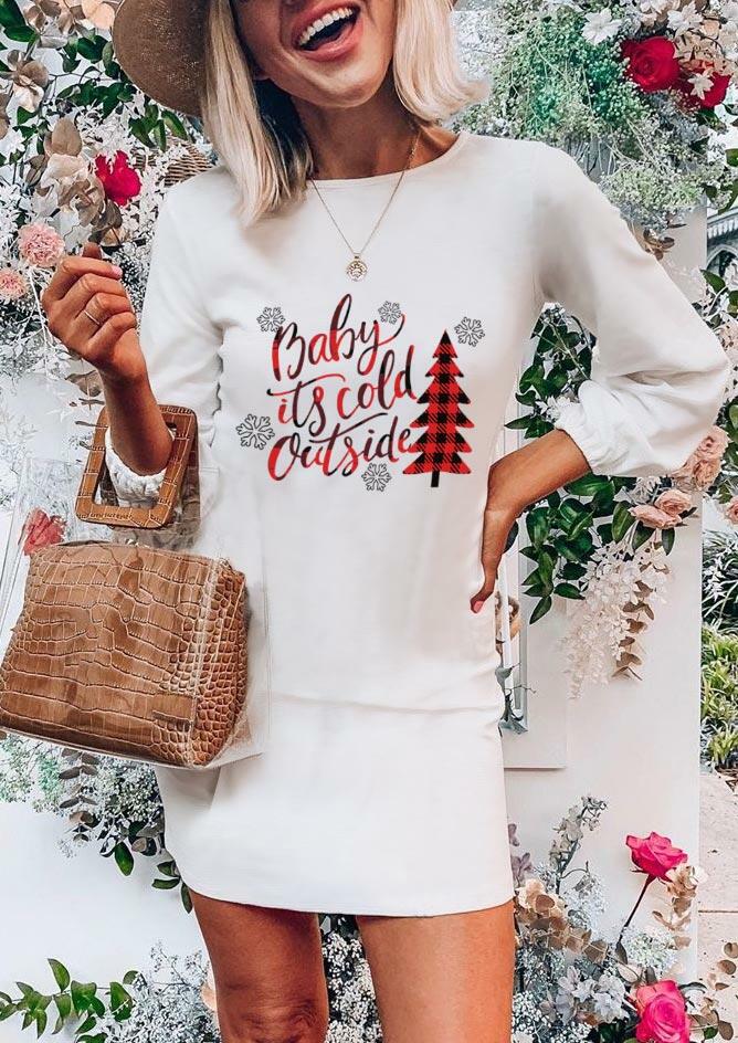 Christmas Plaid Tree Snowflake Baby It's Cold Outside Mini Dress - White