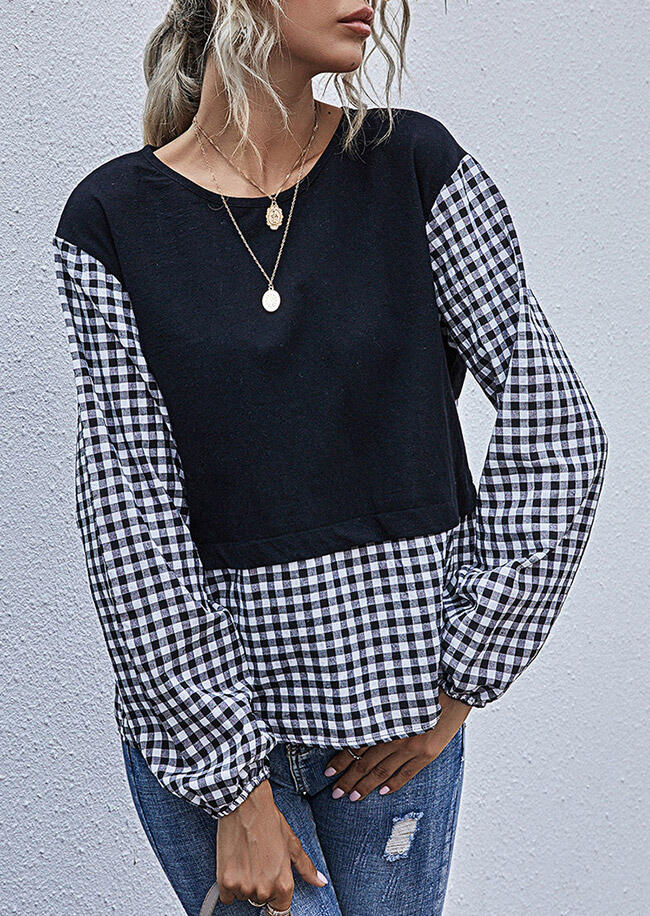 

Blouses Plaid Splicing Long Sleeve Blouse in Black. Size
