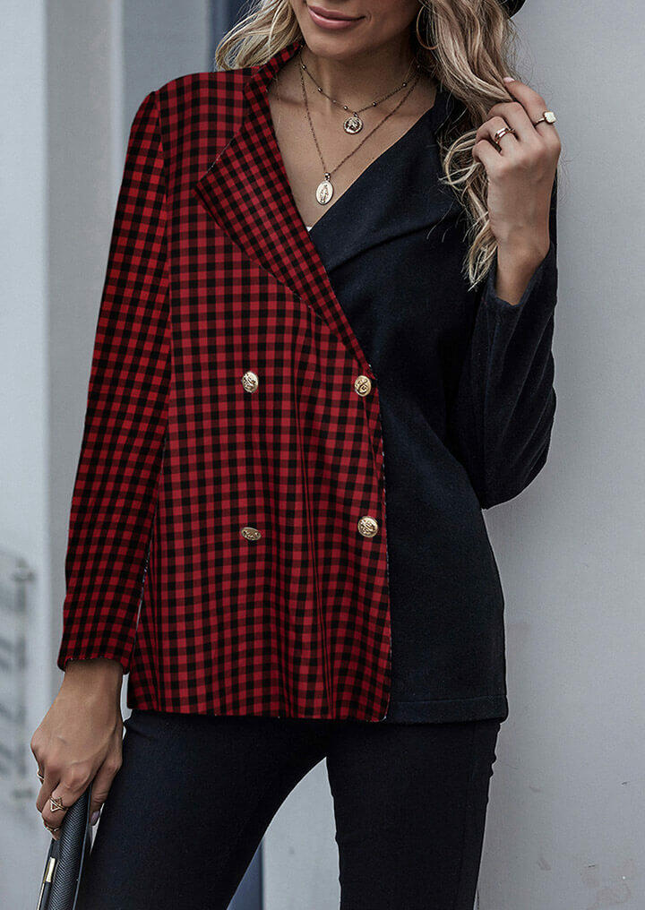 

Coats Color Block Houndstooth Button Lapel Coat in Red. Size: ,L