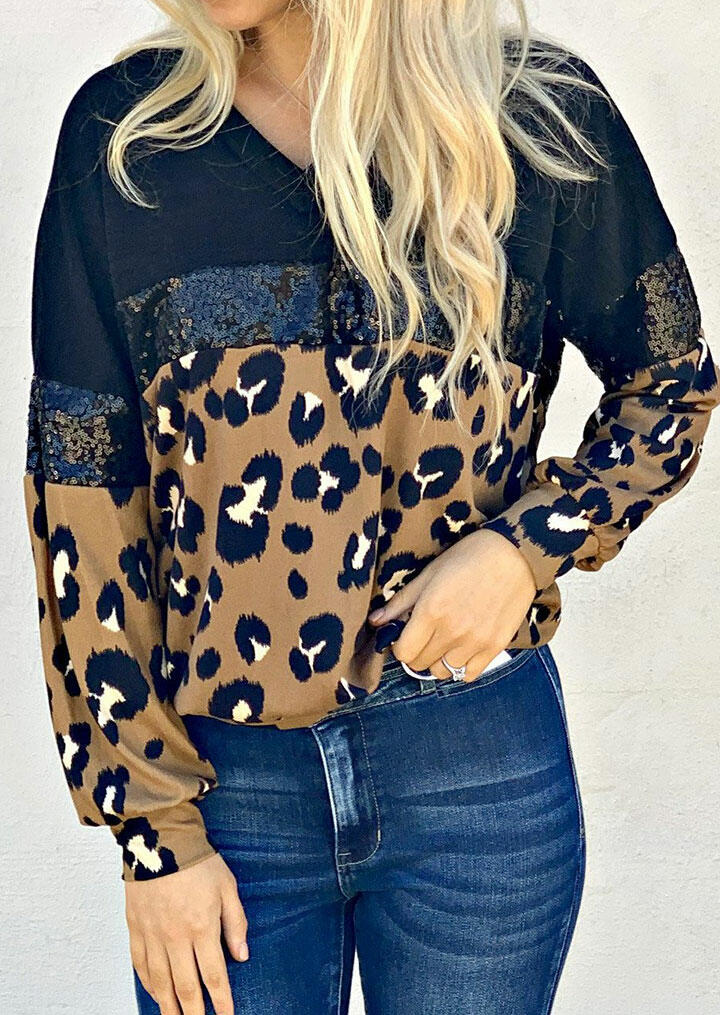 

Leopard Sequined Splicing Long Sleeve Blouse, Multicolor, 488592