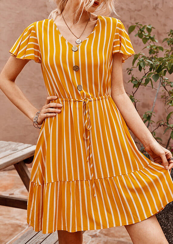 

Mini Dresses Striped Button Drawstring Flare Sleeve Mini Dress in Yellow. Size