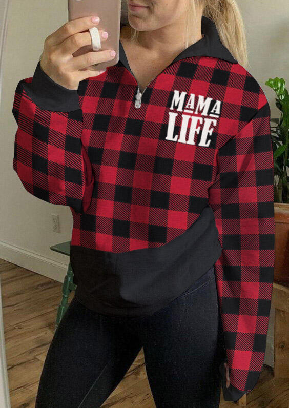 

Mama Life Buffalo Plaid Splicing Zipper Collar Sweatshirt - Red, 488612