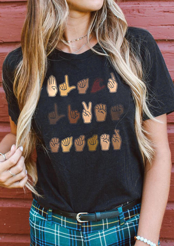 

Be Kind Sign Language O-Neck T-Shirt Tee - Black, 488613