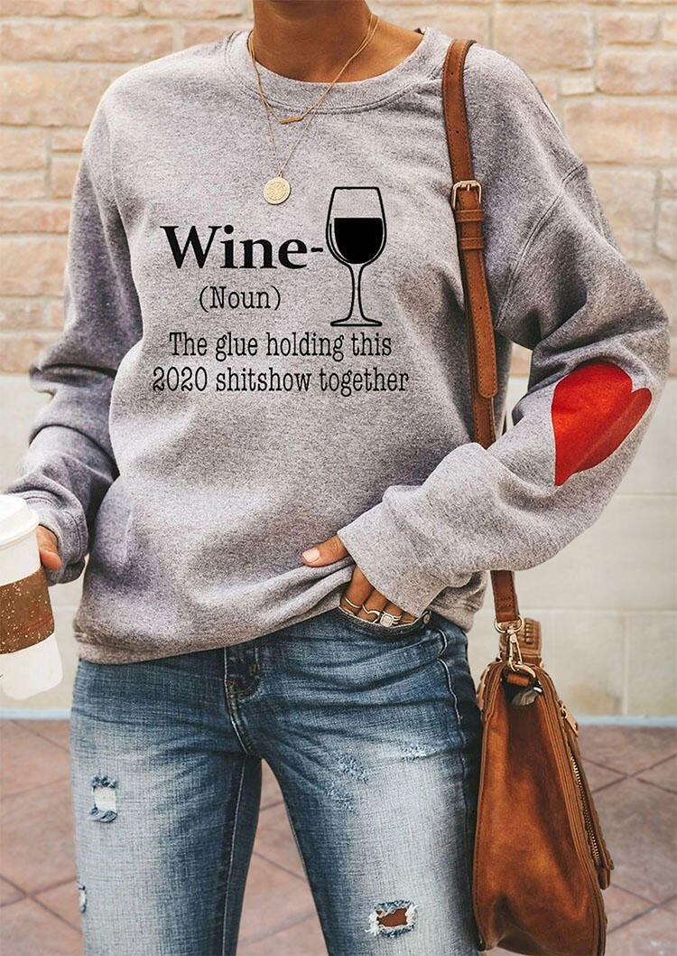 Wine Heart Letter Graphic Pullover Sweatshirt - Gray