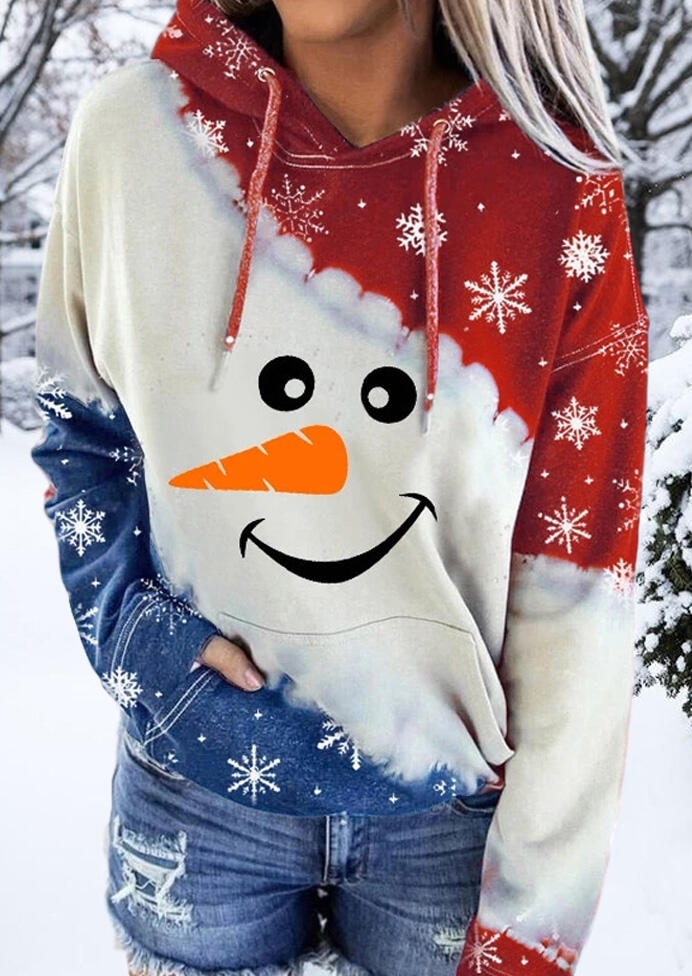 

Christmas Snowman Snowflake Drawstring Kangaroo Pocket Hoodie, Multicolor, 488623