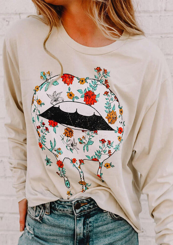 

Floral Lips O-Neck Long Sleeve T-Shirt Tee - Apricot, 488625