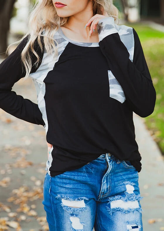 

Camouflage Splicing Pocket Long Sleeve Blouse - Black, 488632