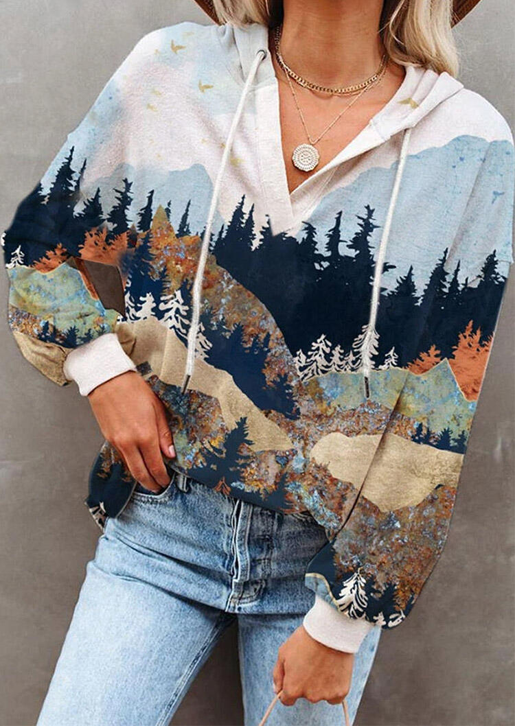

Hoodies Mountain Forest V-Neck Drawstring Long Sleeve Casual Hoodie in Multicolor. Size