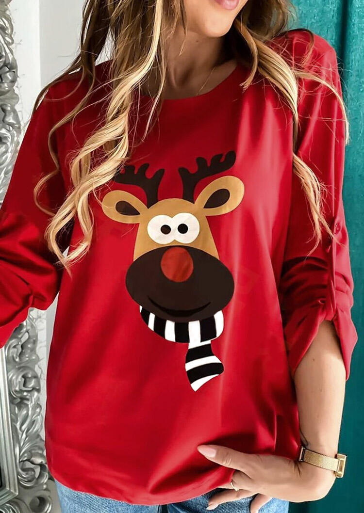 

Blouses Christmas Moose Face O-Neck Blouse in Red. Size: S,M,,XL