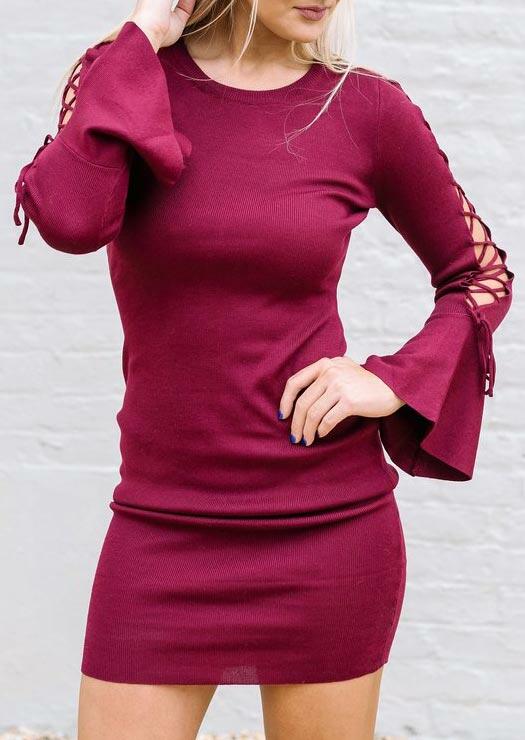 

Bodycon Dresses Lace Up Flare Sleeve O-Neck Bodycon Dress in Plum. Size: S,M,,XL