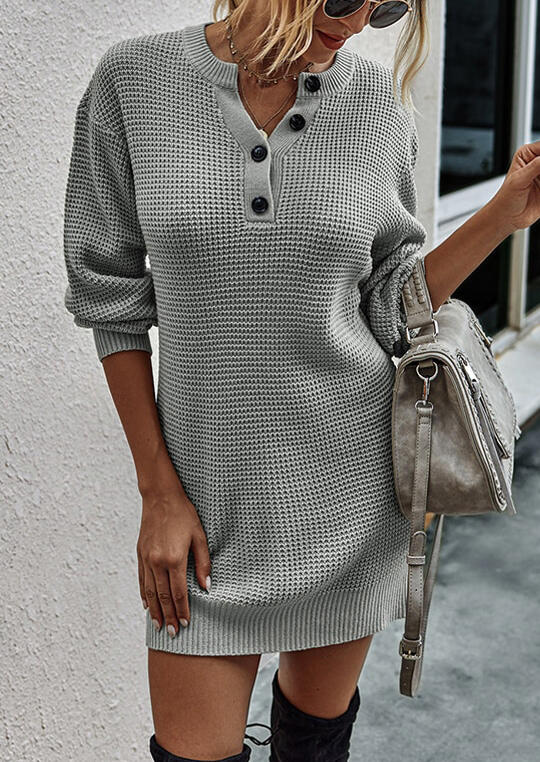 

Button Long Sleeve Knitted Sweater Mini Dress - Gray, 487282