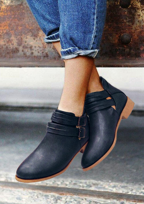 

Boots Buckle Strap Chunky Heel Ankle Boots in Navy Blue. Size