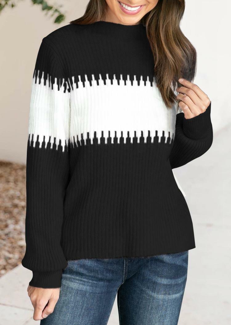 Color Block Lantern Sleeve Turtleneck Sweater - Black