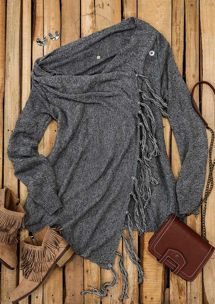 Tassel Splicing O-Neck Long Sleeve Sweater Mini Dress - Dark Grey