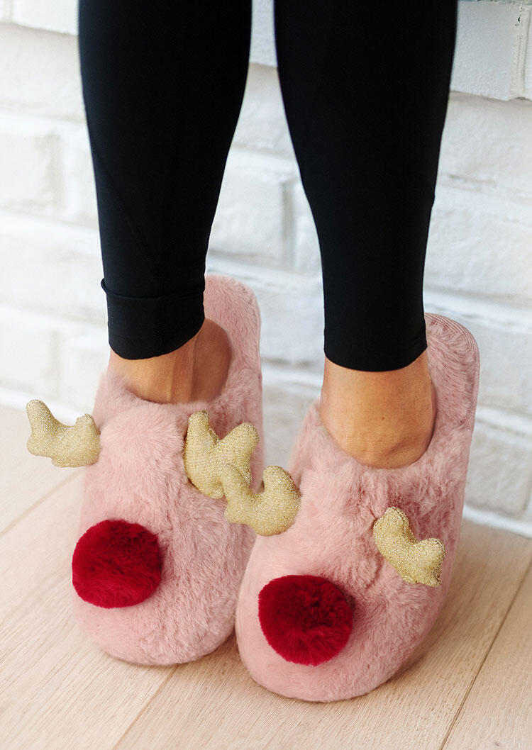 

Slippers Christmas Reindeer Warm Plush Indoor Slippers in Pink. Size