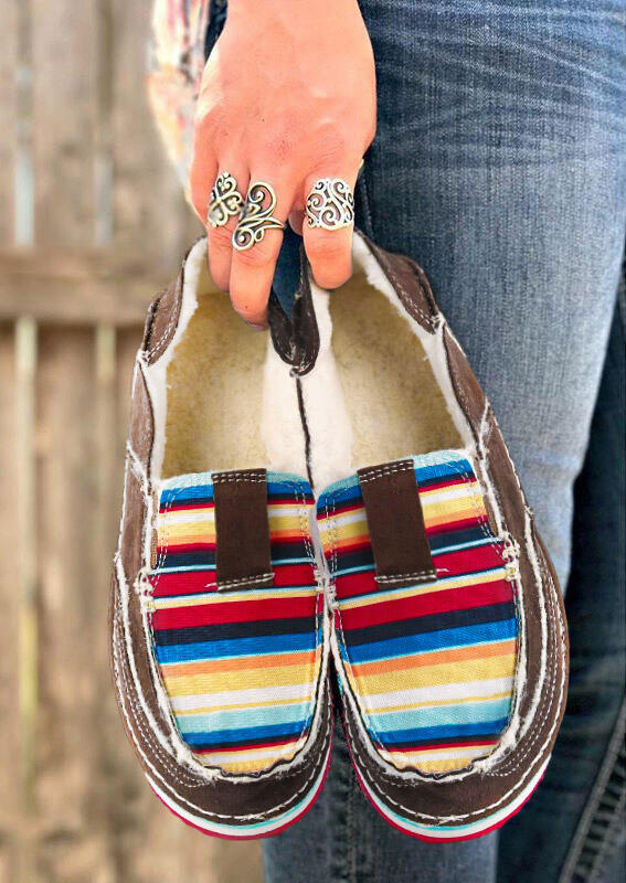 

Serape Striped Plush Splicing Slip On Flat Canvas Sneakers, Multicolor, 488466