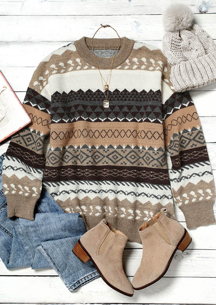 

Sweaters Geometric Long Sleeve Pullover Knitted Sweater in Multicolor. Size