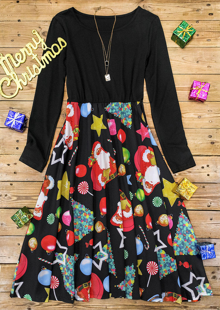 

Midi Dresses Christmas Tree Santa Star Long Sleeve Midi Dress in Black. Size