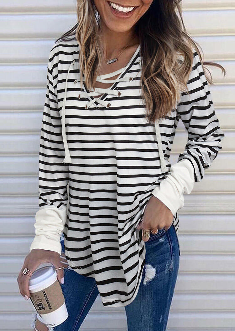 

Blouses Striped Lace Up Splicing Long Sleeve Blouse in Stripe. Size
