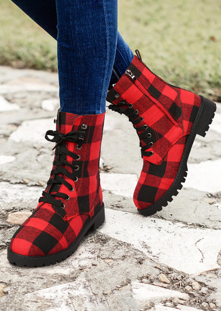 

Boots Buffalo Plaid Zipper Low Heeled Combat Boots in Red. Size