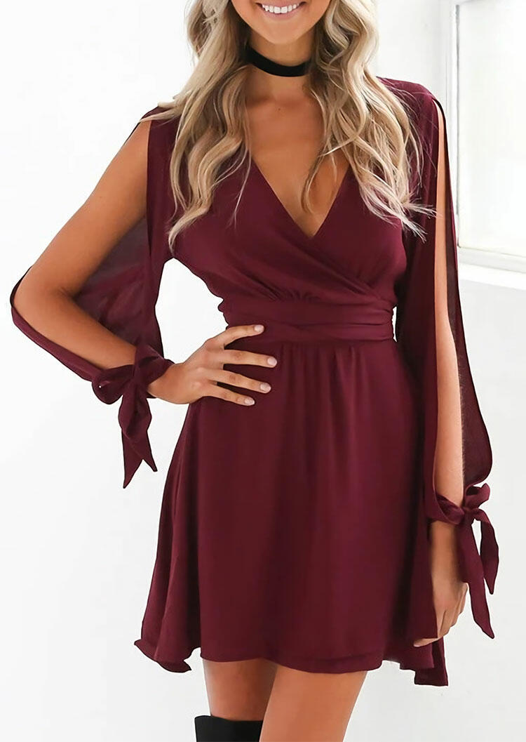 

Mini Dresses Slit Tie Long Sleeve Wrap V-Neck Mini Dress in Burgundy. Size