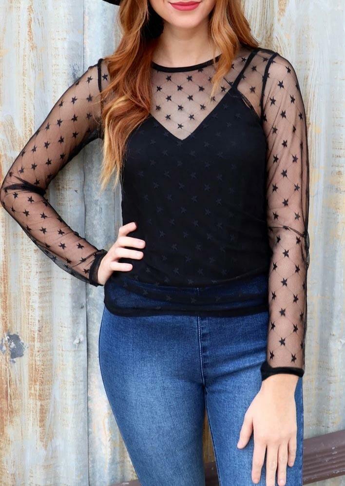 

Blouses Star Mesh Splicing Long Sleeve Blouse in Black. Size: S,M,,XL
